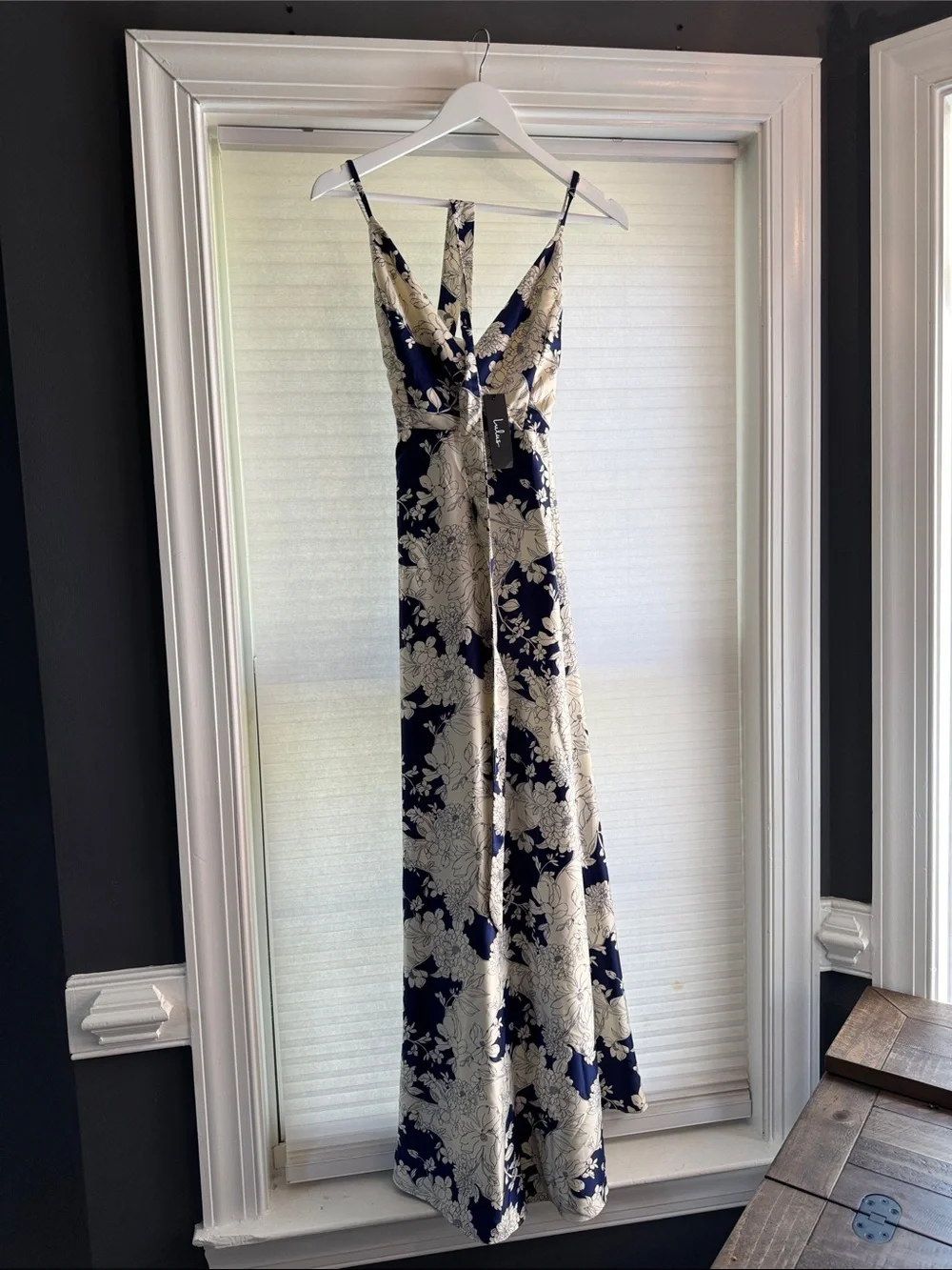 Lulu's Navy and Cream Floral Satin Maxi Dress with Waist Tie